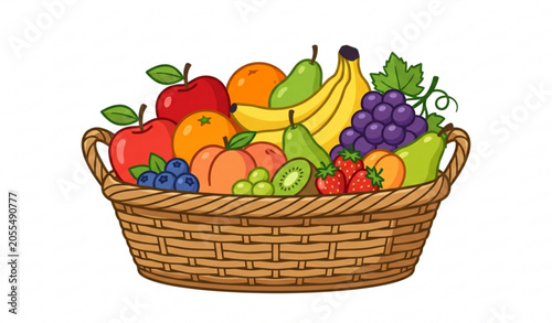 Foto Fruit basket vector illustration with colorful fresh fruits in woven basket
