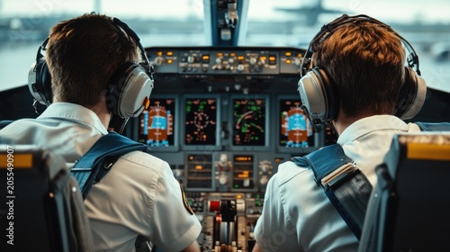 Pilots managing aircraft cockpit operations airport aviation action precision environment professional viewpoint teamwork concept