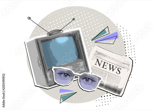 Trendy Halftone Collage, Retro TV, news paper and eyes in glasses. Digital technology's role in spreading hoaxes and mass media manipulation concept. Modern collage style. Vector illustration