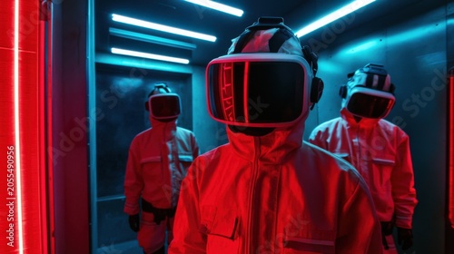 Futuristic exploration scene neon-lit elevator sci-fi adventure urban environment dramatic perspective virtual reality concept