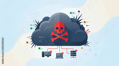Malware cloud with skull icon, flat design