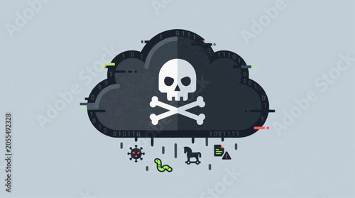 Malware cloud with skull icon, flat design