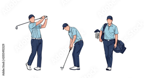 Obraz na plátně Set of Flat style vector of male golf athletes participating in outdoor sports and recreational activities