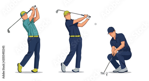 Slika na platnu Set of Flat style vector of male golf athletes participating in outdoor sports and recreational activities