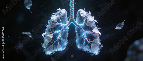 Glowing Human Lungs with White Leaves Artistic Medical Concept