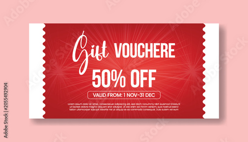 Fotografi Gift voucher design with fifty percent discount offer on red sunburst background