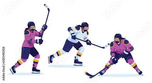 Photography Set of Flat style vector of female ice hockey athletes participating in winter sports and competitive activities