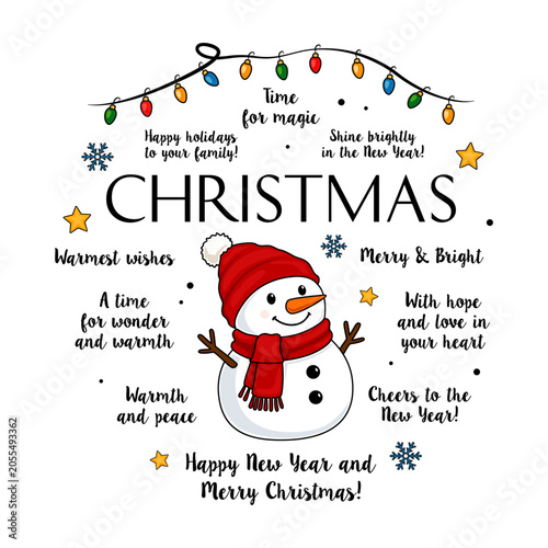 Christmas design featuring a snowman surrounded by Christmas greetings and festive lights