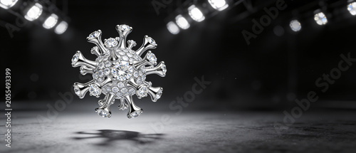 Luxurious Silver Virus Model Studded with Diamonds on Dark Stage