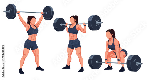 Fotografie Set of Flat style vector of female weightlifting athletes engaged in strength training and fitness activities