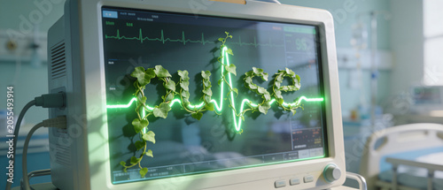 Medical Heart Rate Monitor Showing Pulse Word with Growing Green Vines