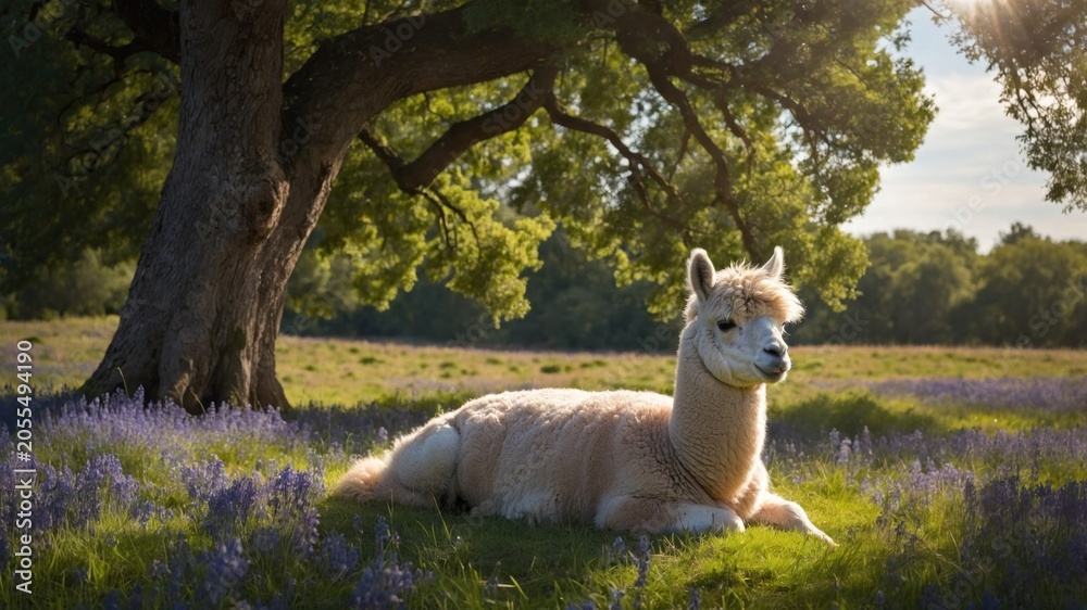 Fototapeta premium A serene alpaca resting on lush green grass surrounded by vibrant purple flowers under a tree