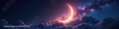 Celestial crescent, radiating gentle light, cosmic dust, silver, stars, nebula