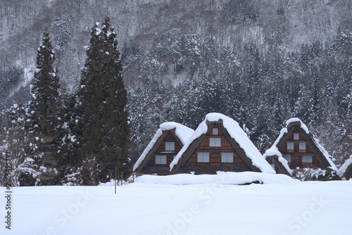 Foto Snow covered gassho farmhouses in winter, Japan