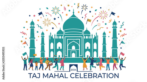 Taj Mahal Celebration illustration with dancing people and confetti.