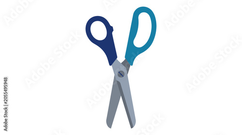 Принти на полотні Blue plastic handle sharp metal scissors on white background.