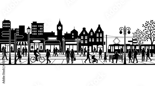 Tableau sur toile Detailed black silhouette of busy urban European city street.
