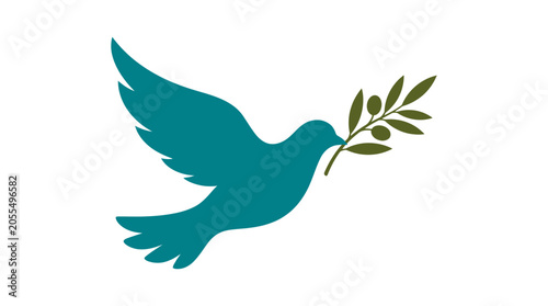 Konstfotografi Teal peace dove flying with green olive branch.