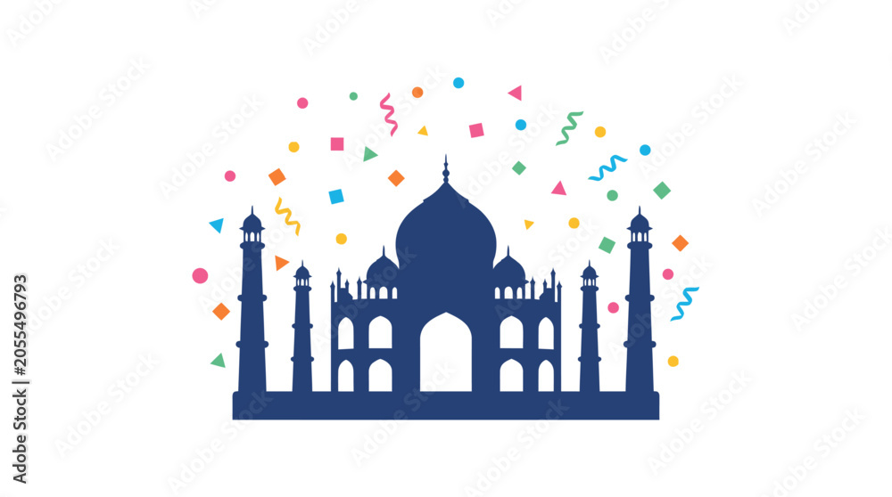 Obraz premium Blue silhouette of Taj Mahal with colorful celebratory confetti.