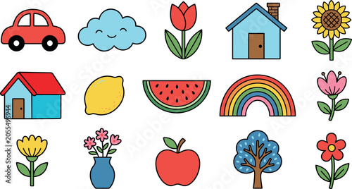 Foto Cute Kawaii Doodle Icon Set with Colorful Car Flowers House Fruits Rainbow and C