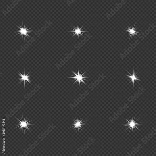 white Sparkling Starburst Light Effects Collection on Transparent Background Vector Illustration