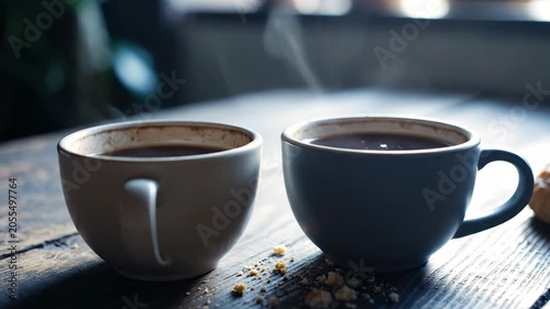 Two steaming cups of coffee on a rustic wooden table with crumbs morning light