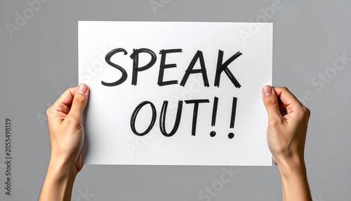 Hands Holding a White Sheet of Paper with the Message SPEAK OUT!! Against a Plain Background