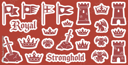 Принти на полотні Set of medieval royal castle and knight themed icons and stickers on a red background