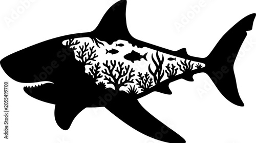 Silhouette of a shark filled with a vibrant coral reef and fish, symbolizing marine life and ocean ecosystems