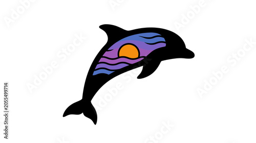 Illustration of a playful dolphin leaping out of the ocean at sunset with a vibrant sky