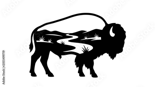 Striking Bison Silhouette Encapsulating a Serene Wilderness Landscape, Featuring a Winding River and Grassy Hills, Symbolizing Nature