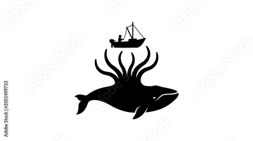 Mythical marine creature with a colossal whale and octopus kraken, supporting a small fishing boat on the vast ocean waves