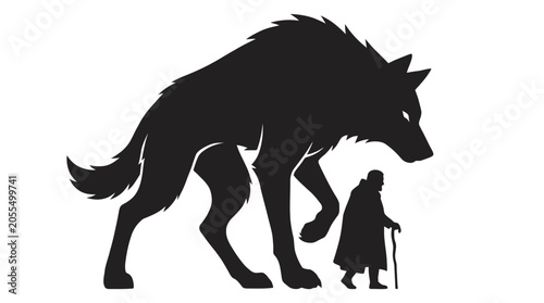 Monochromatic silhouette of an enormous wild wolf standing beside a tiny elderly figure, conveying themes of nature's dominance and human vulnerability