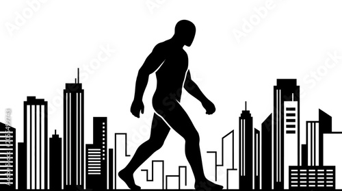 Dynamic Silhouette of Man Confidently Striding Over a Modern Cityscape, Symbolizing Urban Progress and Personal Journey