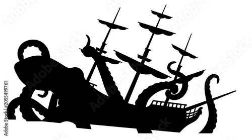 Titanic sea beast clashes with a distressed sailing ship, its monstrous tentacles creating a terrifying scene of oceanic destruction and mythical confrontation