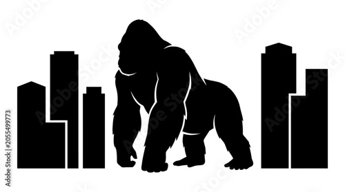 Silhouette of a powerful gorilla standing tall amidst a cityscape, symbolizing strength and urban dominance
