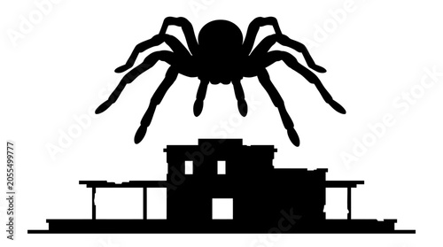 Ominous colossal spider silhouette hovering above a classic vintage building, evoking a sense of dread and suspenseful mystery