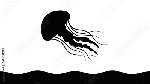 Elegant black jellyfish silhouette gracefully suspended over a dark abstract wave, artfully isolated on a pristine white background, a captivating aquatic graphic illustration