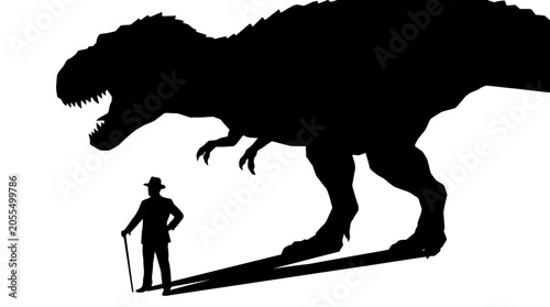 Shadow of a Giant A Silhouette of a T-Rex Looming Over a Man with a Cane, Evoking Prehistoric Power and Human Scale