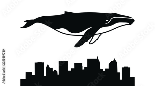 Silhouetted Whale Flying Above a City Skyline in a Striking Black and White Illustration