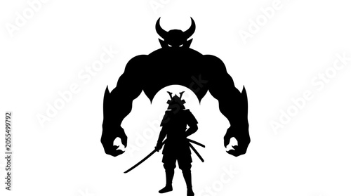 Epic silhouette artwork featuring a determined samurai warrior confronting a monstrous, towering horned entity, symbolizing courage, myth, and a formidable challenge
