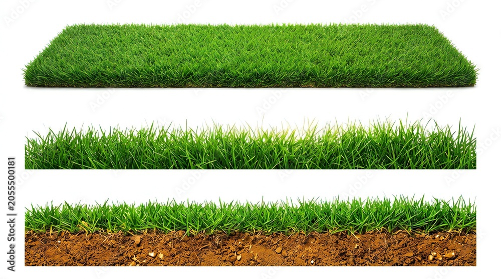 Obraz premium Three different views of green grass sections on a white background lawn turf