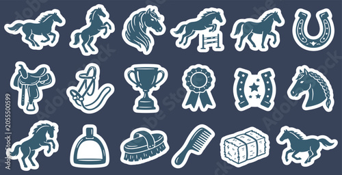 Foto Set of horse and equestrian sport themed stickers, including horses, saddles, horseshoes, and grooming tools, on a dark background