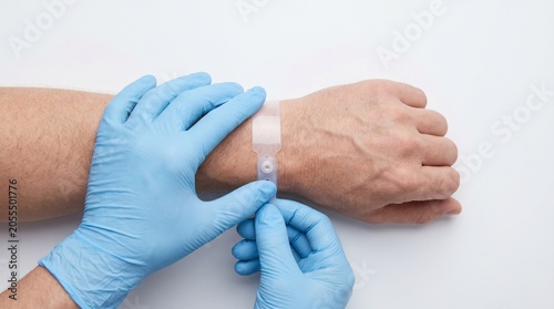 Medical professional in blue gloves putting an identification wristband on a patient's wrist, healthcare and hospital safety concept
