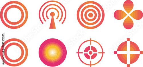 Foto Abstract orange red gradient pain circle location icon set with target radar and