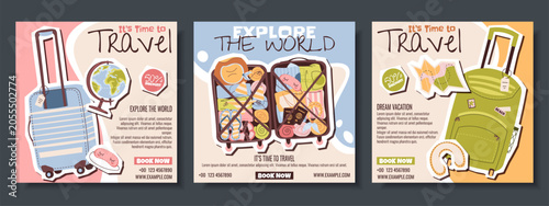 Travel Agency Banner Set With Rolling Suitcase, Globe And Open Luggage Packed With Clothes In Trendy Collage Style. Flat Vector Illustration For Social Media Post About Vacation And Travel.