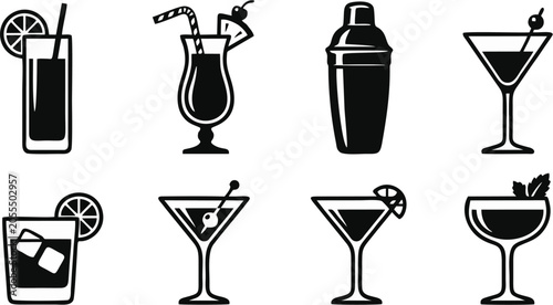 Fotografi Cocktail Drink Silhouette Icon Set with Martini Glass, Shaker and Tropical Bever