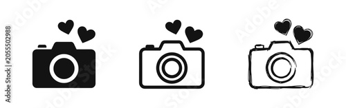 Bild auf Leinwand Love Camera Icons Set with Hearts in Filled, Outlined, and Hand-Drawn Styles