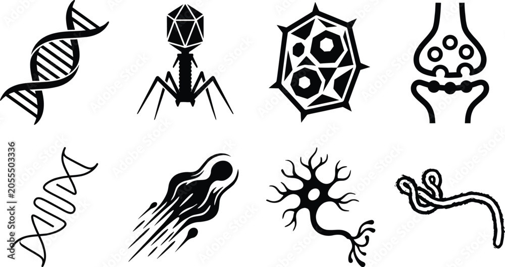 Fototapeta premium Biology and microbiology vector icon set featuring dna strands bacteriophage cells neuron and virus structures