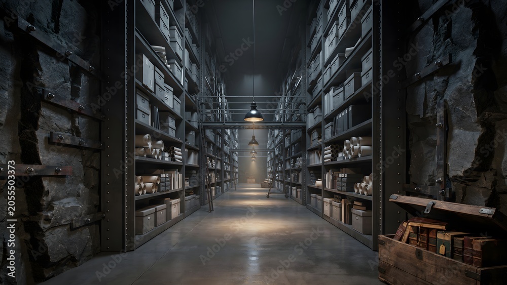 Fototapeta premium Modern Storage Library with Bookshelves in a Dark Industrial Facility